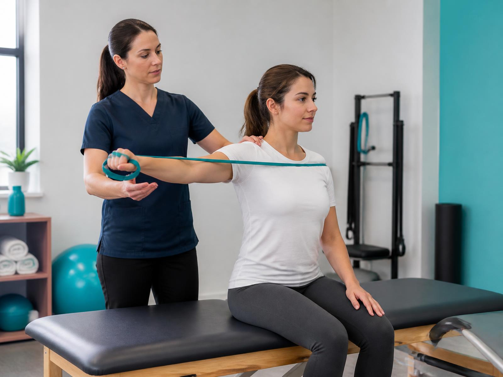 Physiotherapist guiding a patient through a resistance band exercise